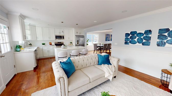 Dining room, Interior, Kitchen, Recessed Lighting, Stainless Steel Appliances, Wood Texture Flooring