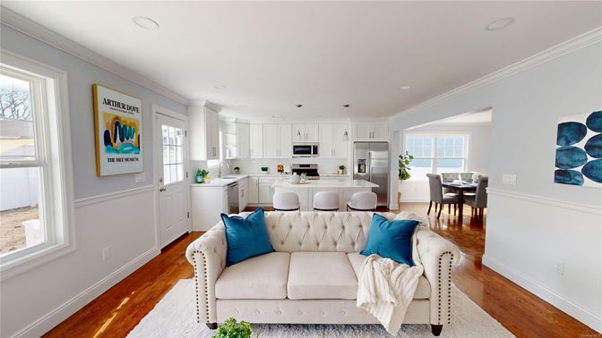 Dining room, Interior, Kitchen, Living room, Recessed Lighting, Stainless Steel Appliances, Wood Texture Flooring