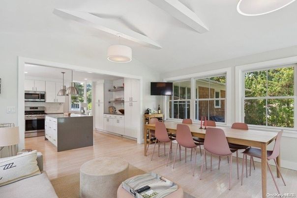 Dining room, Interior, Kitchen, Pendant Lights, Stainless Steel Appliances, Wood Texture Flooring