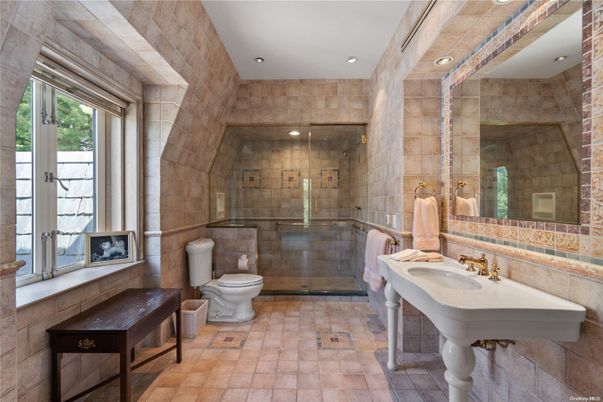 Bathroom, Glass Shower, Interior, Recessed Lighting, Stone Walls