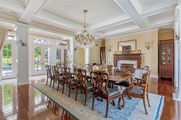 Chandelier, Dining room, Fireplace, Interior, Wood Texture Flooring