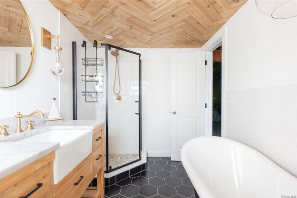 Bathroom, Free Standing Baths, Glass Shower, Interior, Wooden Ceilings