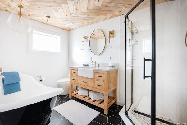 Bathroom, Dual Sink Vanities, Glass Shower, Interior, Wooden Ceilings