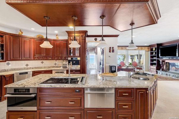 Fireplace, Interior, Kitchen, Pendant Lights, Recessed Lighting, Stainless Steel Appliances