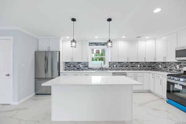 Interior, Kitchen, Marble, Pendant Lights, Recessed Lighting, Stainless Steel Appliances