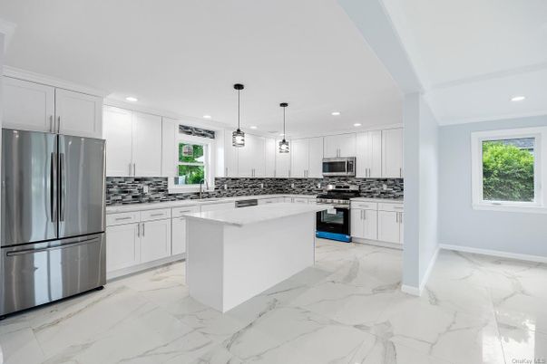 Interior, Kitchen, Marble, Pendant Lights, Recessed Lighting, Stainless Steel Appliances