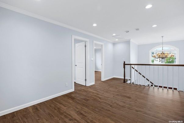 Chandelier, Empty room, Interior, Recessed Lighting, Wood Texture Flooring