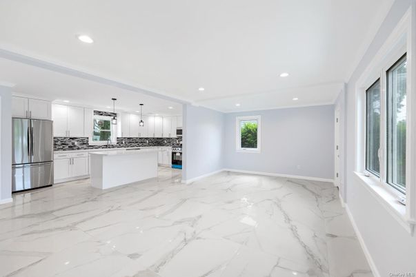 Interior, Kitchen, Marble, Pendant Lights, Recessed Lighting, Stainless Steel Appliances