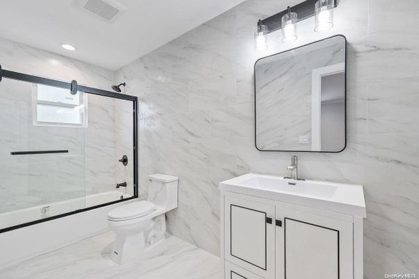 Bathroom, Glass Shower, Interior, Marble, Marble Walls, Recessed Lighting