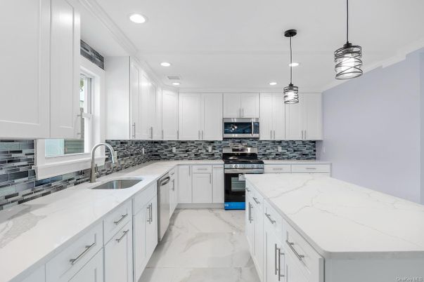 Interior, Kitchen, Marble, Pendant Lights, Recessed Lighting, Stainless Steel Appliances