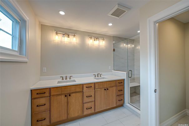 Bathroom, Dual Sink Vanities, Glass Shower, Interior, Recessed Lighting