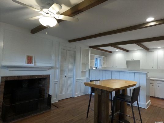 Fireplace, Interior, Kitchen, Recessed Lighting, Wooden Beams, Wood Texture Flooring
