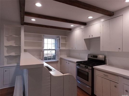 Interior, Kitchen, Recessed Lighting, Stainless Steel Appliances, Wooden Beams, Wood Texture Flooring