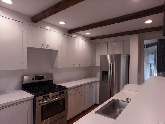 Interior, Kitchen, Recessed Lighting, Stainless Steel Appliances, Wooden Beams