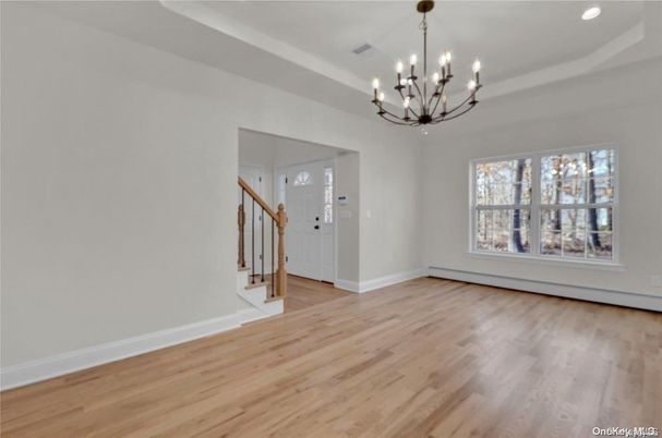 Chandelier, Empty room, Interior, Recessed Lighting, Wood Texture Flooring