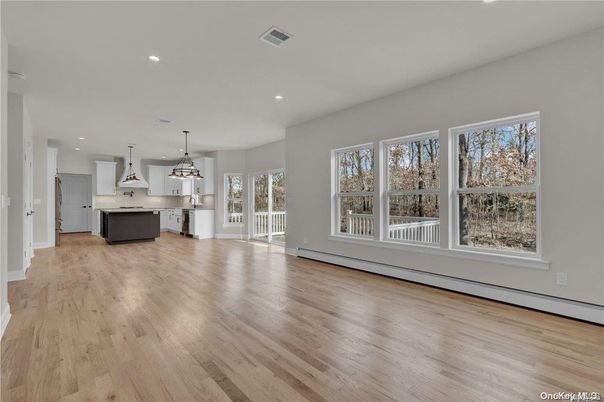 Empty room, Interior, Kitchen, Pendant Lights, Recessed Lighting, Wood Texture Flooring