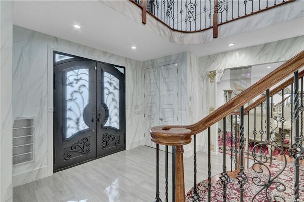 Interior, Marble Walls, Recessed Lighting, Wood Texture Flooring