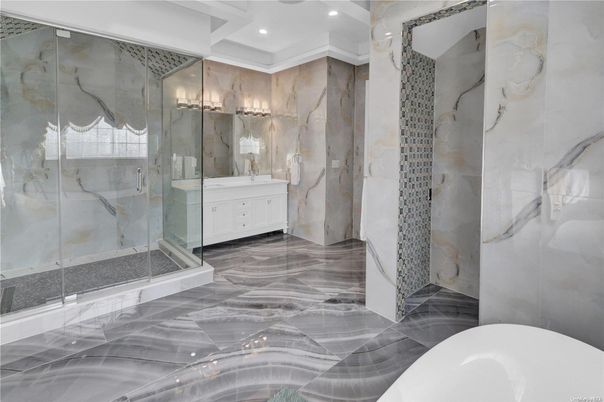 Bathroom, Glass Shower, Interior, Marble Walls, Recessed Lighting