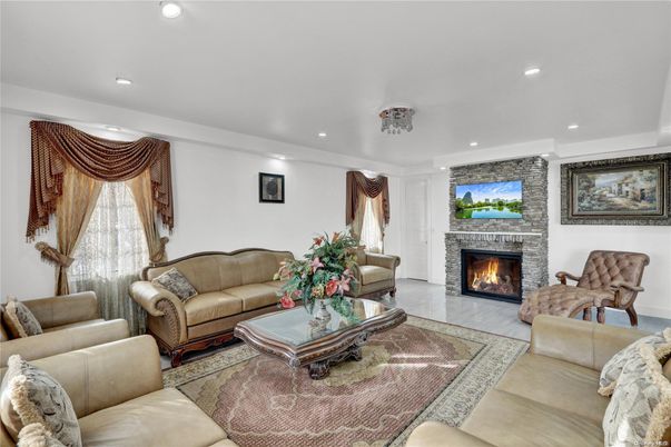 Fireplace, Interior, Living room, Recessed Lighting, Stone Walls