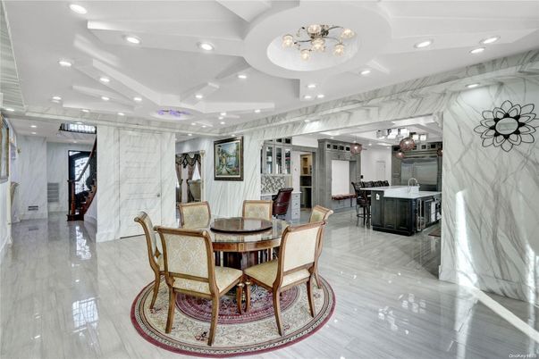 Dining room, Interior, Kitchen, Marble Walls, Recessed Lighting