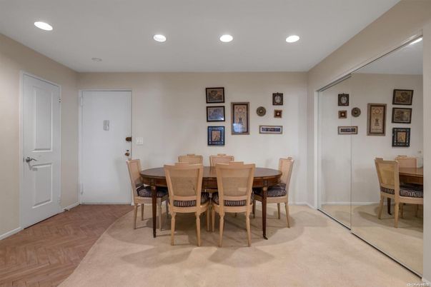 Dining room, Interior, Recessed Lighting, Wood Texture Flooring