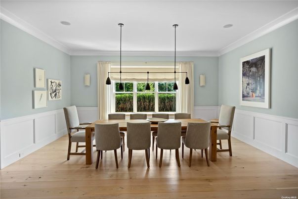 Dining room, Interior, Pendant Lights, Wood Texture Flooring