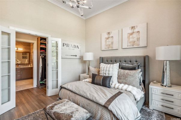 Bedroom, Chandelier, Interior, Wood Texture Flooring