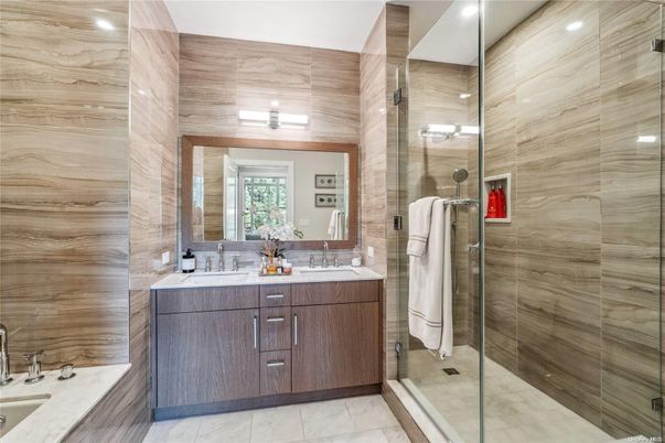 Bathroom, Dual Sink Vanities, Glass Shower, Interior, Recessed Lighting