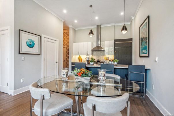 Dining room, Interior, Kitchen, Pendant Lights, Recessed Lighting, Wood Texture Flooring