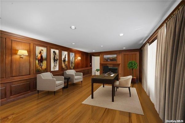Home Office, Interior, Recessed Lighting, Wood Texture Flooring, Wooden Walls