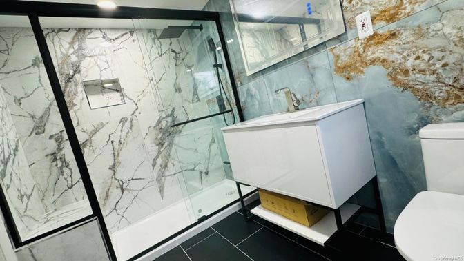 Bathroom, Glass Shower, Interior, Marble Walls, Recessed Lighting