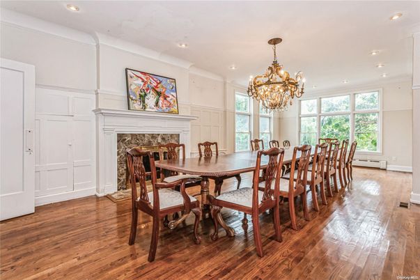 Chandelier, Dining room, Fireplace, Interior, Recessed Lighting, Wood Texture Flooring