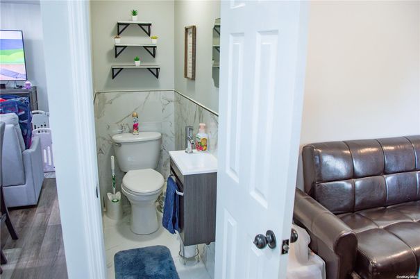 Bathroom, Interior, Marble Walls, Wood Texture Flooring