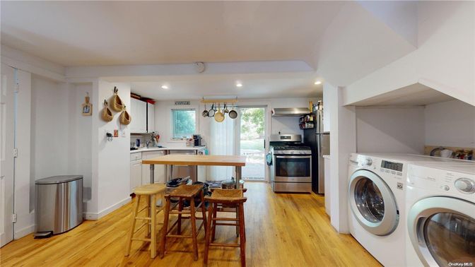 Interior, Kitchen, Pendant Lights, Recessed Lighting, Washer, Wood Texture Flooring