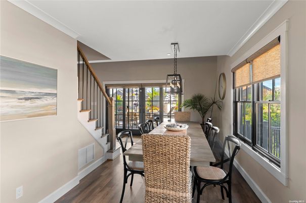 Dining room, Interior, Pendant Lights, Recessed Lighting, Wood Texture Flooring