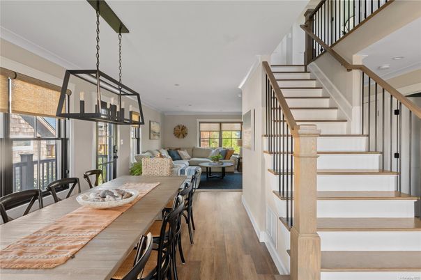 Dining room, Interior, Living room, Pendant Lights, Recessed Lighting, Wood Texture Flooring