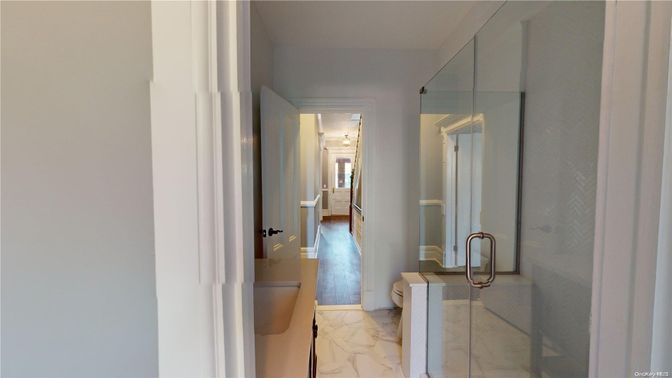 Bathroom, Glass Shower, Interior, Marble, Wood Texture Flooring