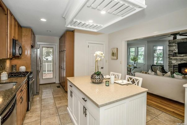 Fireplace, Interior, Kitchen, Living room, Recessed Lighting, Stone Walls