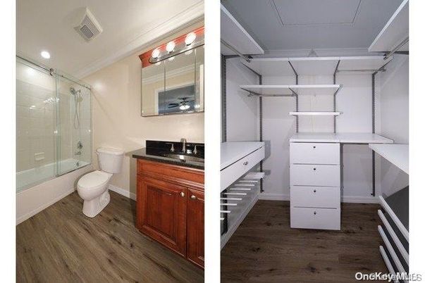 Bathroom, Glass Shower, Interior, Recessed Lighting, Walk-in Closets, Wood Texture Flooring