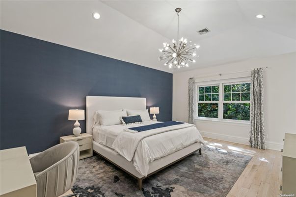 Bedroom, Interior, Pendant Lights, Recessed Lighting, Wood Texture Flooring