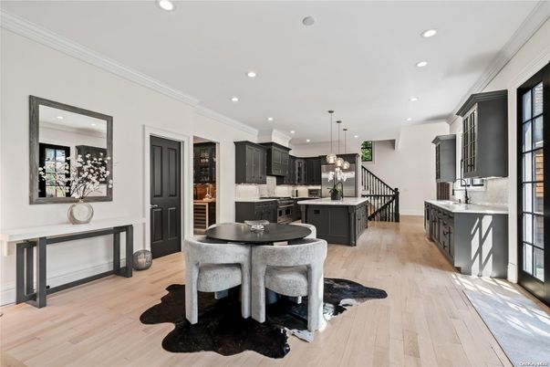 Dining room, Interior, Kitchen, Pendant Lights, Recessed Lighting, Wood Texture Flooring
