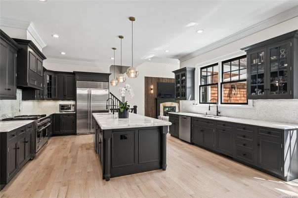 Interior, Kitchen, Pendant Lights, Recessed Lighting, Stainless Steel Appliances, Wood Texture Flooring