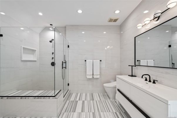 Bathroom, Glass Shower, Interior, Marble Walls, Recessed Lighting