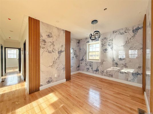 Interior, Marble Walls, Recessed Lighting, Wood Texture Flooring