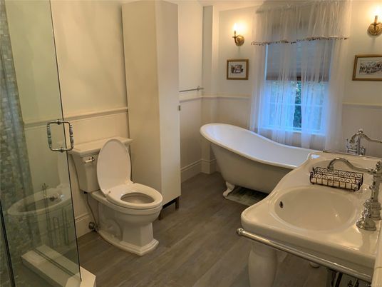 Bathroom, Free Standing Baths, Glass Shower, Interior, Wood Texture Flooring