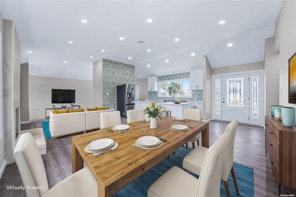Dining room, Interior, Kitchen, Living room, Recessed Lighting, Stainless Steel Appliances, Wood Texture Flooring