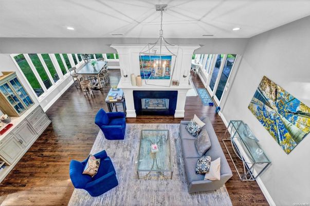 Dining room, Fireplace, Interior, Living room, Pendant Lights, Recessed Lighting, Wood Texture Flooring