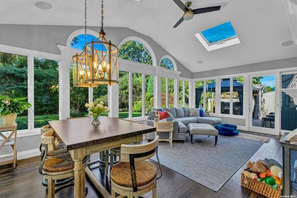 Dining room, Interior, Living room, Pendant Lights, Sun Room, Wood Texture Flooring