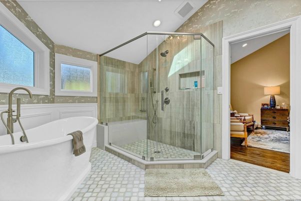 Bathroom, Free Standing Baths, Glass Shower, Interior, Recessed Lighting, Wood Texture Flooring
