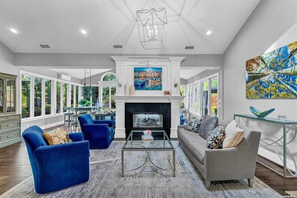 Fireplace, Interior, Living room, Pendant Lights, Recessed Lighting, Wood Texture Flooring